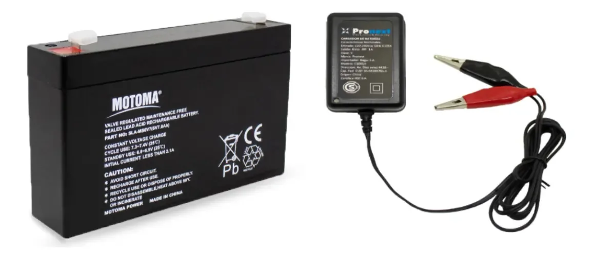 Combinação de baterias Motoma 6v 7ah + carregador automático de gel 6v 1a