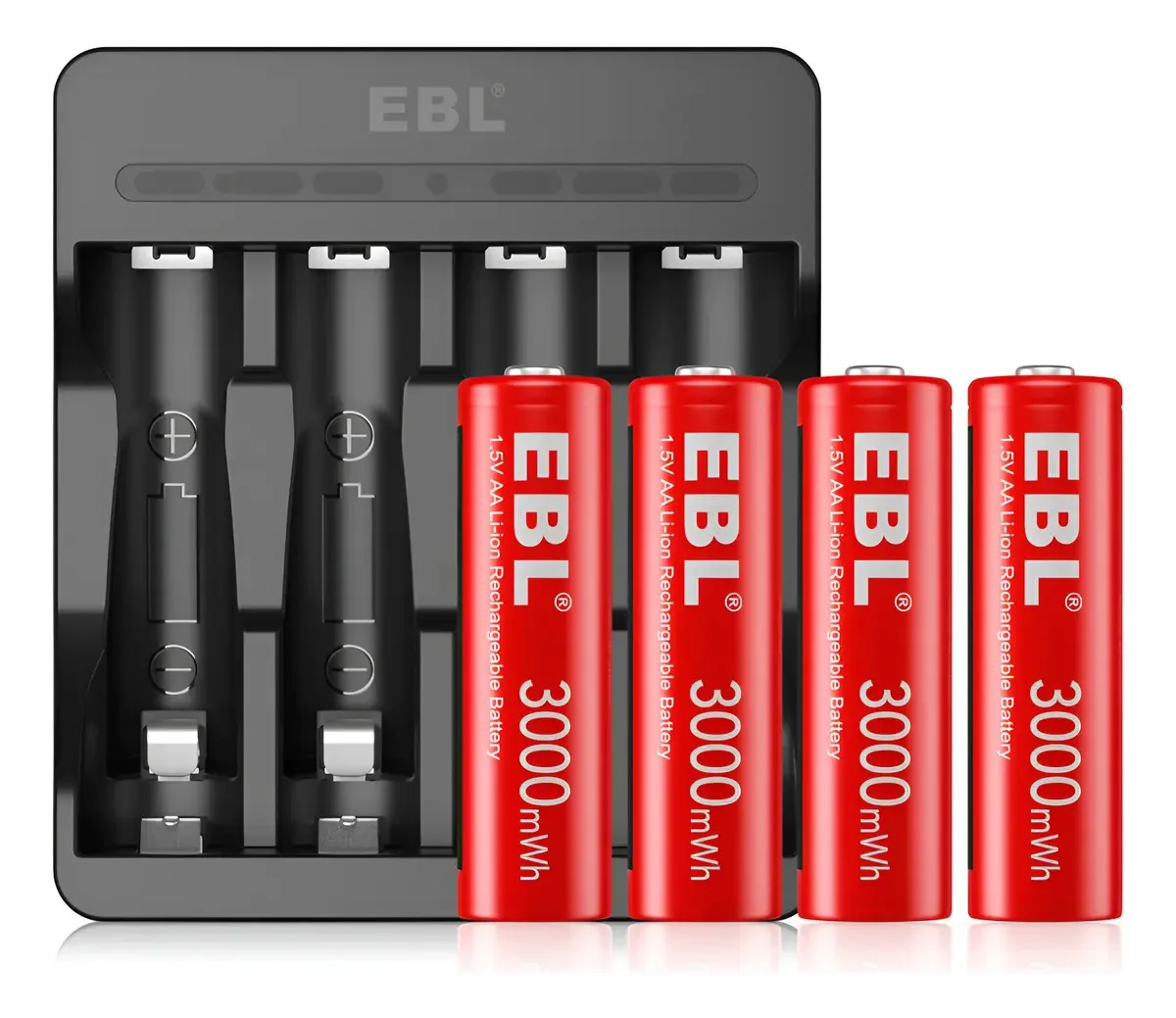 Combinação de carregador USB Ebl + 4 pilhas AA de íon de lítio de 3000 mWh