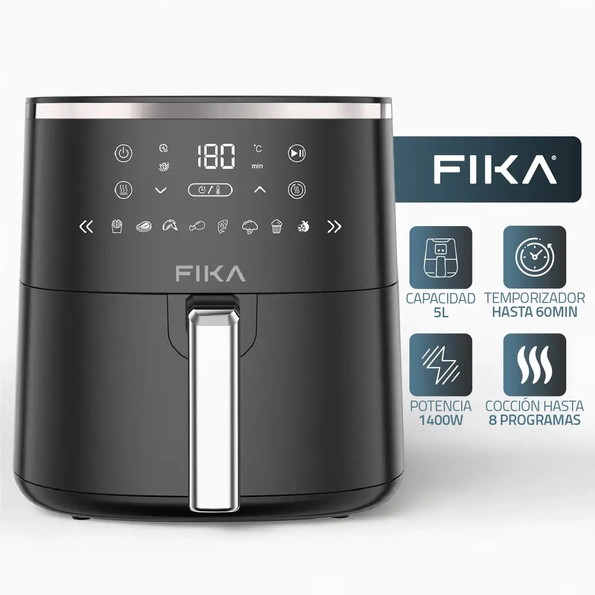 Fritadeira de ar livre de óleo Fika 5lts Digital 1400w de 8 programas com display preto