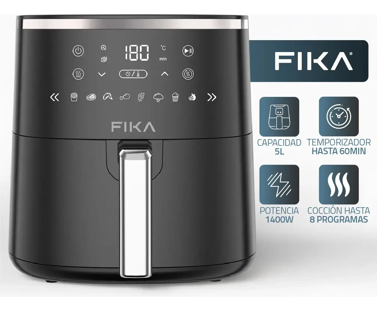 Fritadeira de ar Fika EDGE de 5 litros digital 1400w 8 programas, sem óleo, cor preta