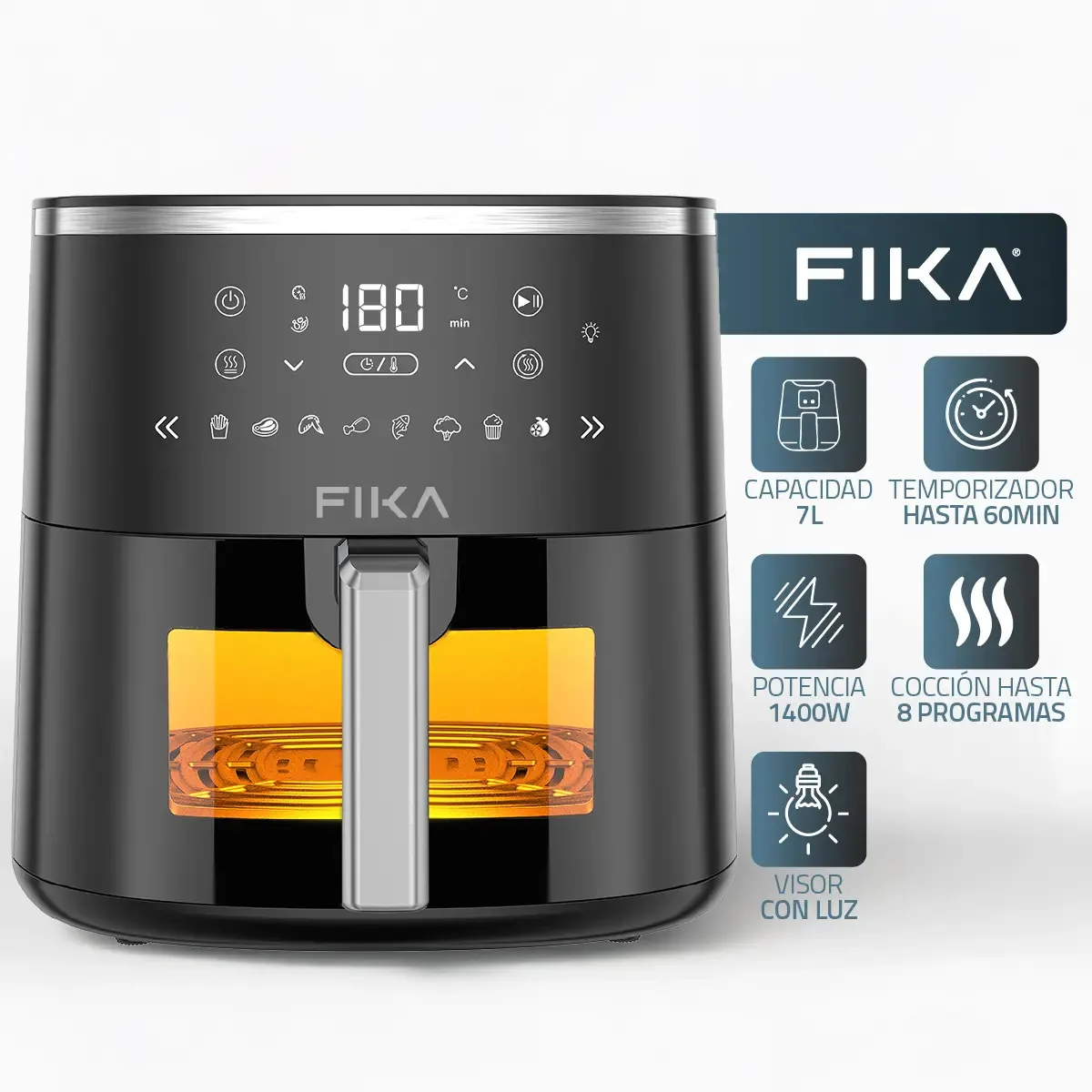 Fritadeira de ar livre de óleo Fika 7lts Digital 1400w de 8 programas com display preto