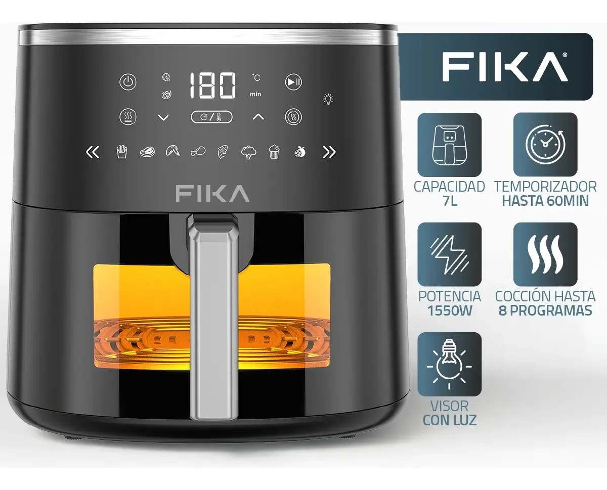 Fritadeira de ar digital Fika 7L com visualizador de 1550w, 8 programas, cor preta sem óleo