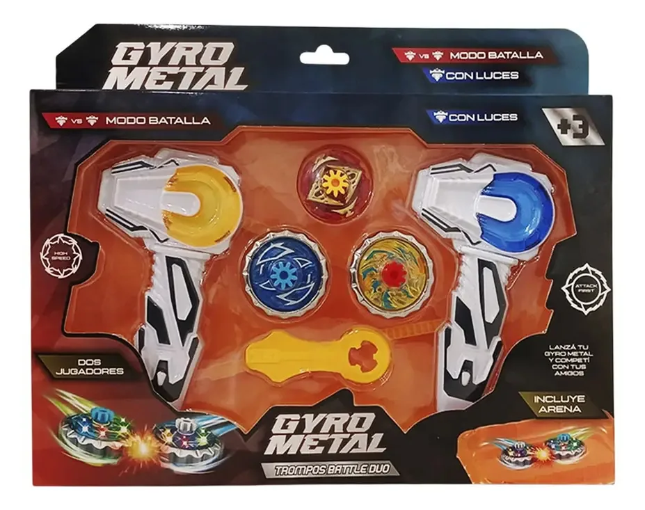 Battle Duo Gyro Metal Trompos com lançadores de armamento e luz amarela