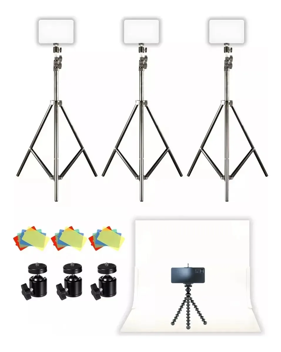 Conjunto de 3 painéis fotográficos de produtos LED, 4 tripés e infinito