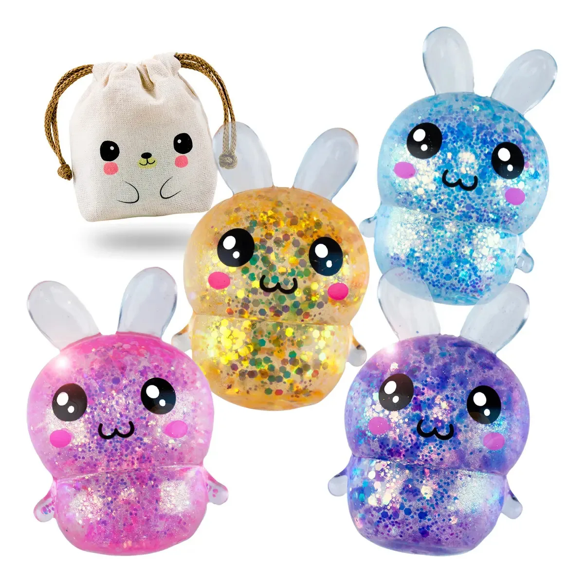 Coloque 4 coelhos galácticos Squishies Kawaii em sua bolsa rosa/azul claro/roxa/dourada