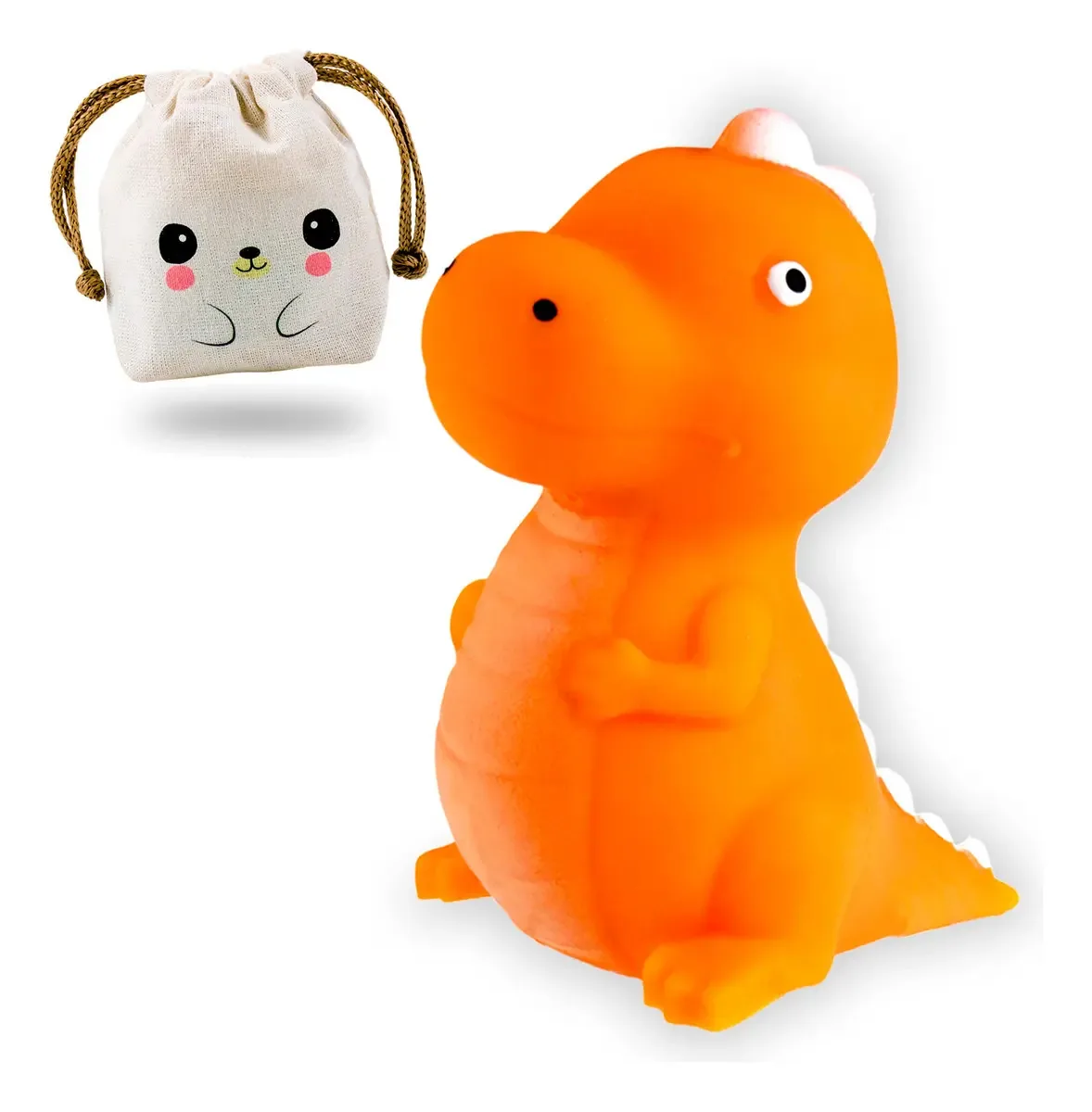 Dinossauros Squishy Happy em sua bolsa laranja Kawaii