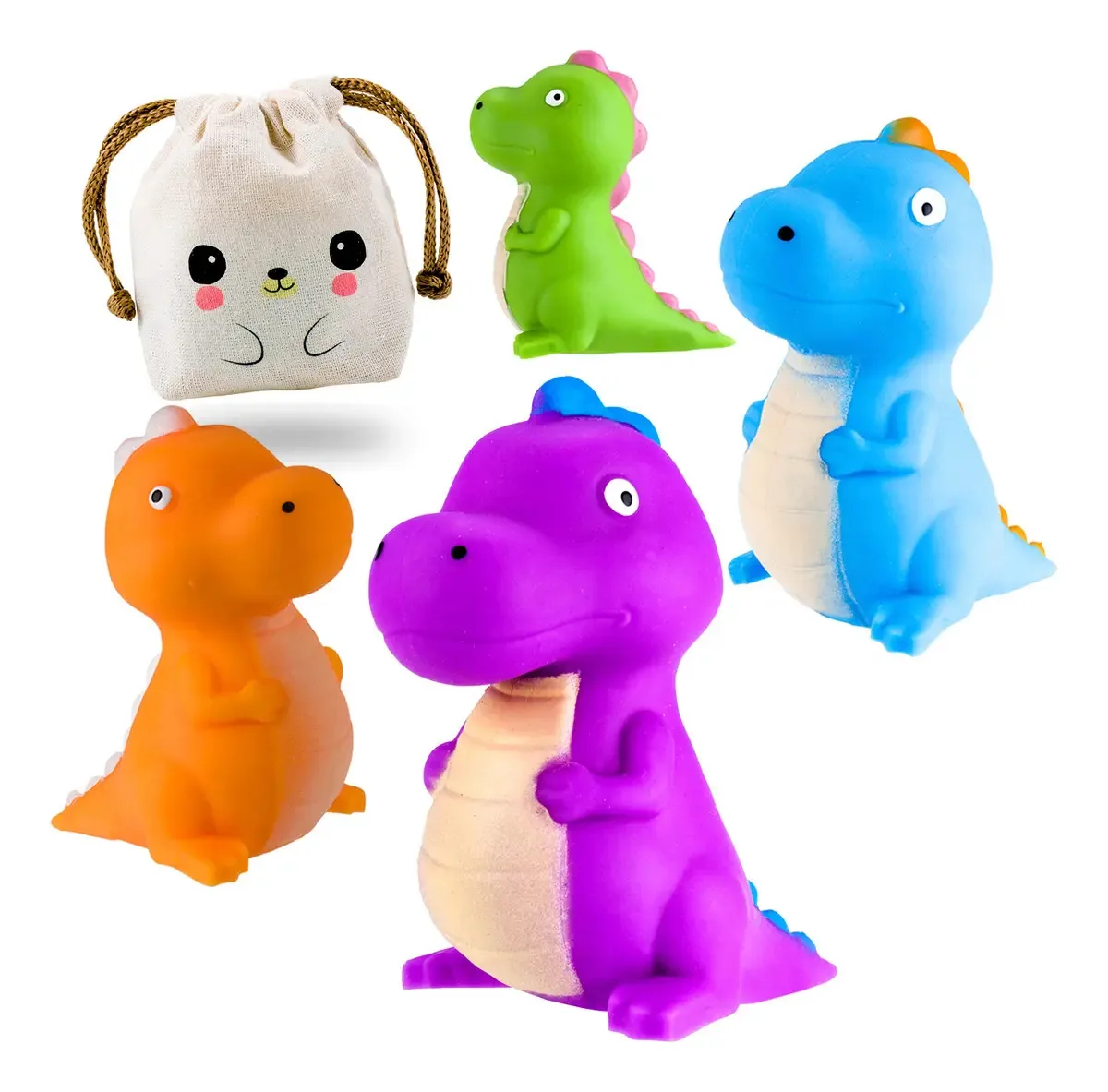 4 dinossauros Squishies Happy em sua bolsa Kawaii roxa/azul/laranja/verde