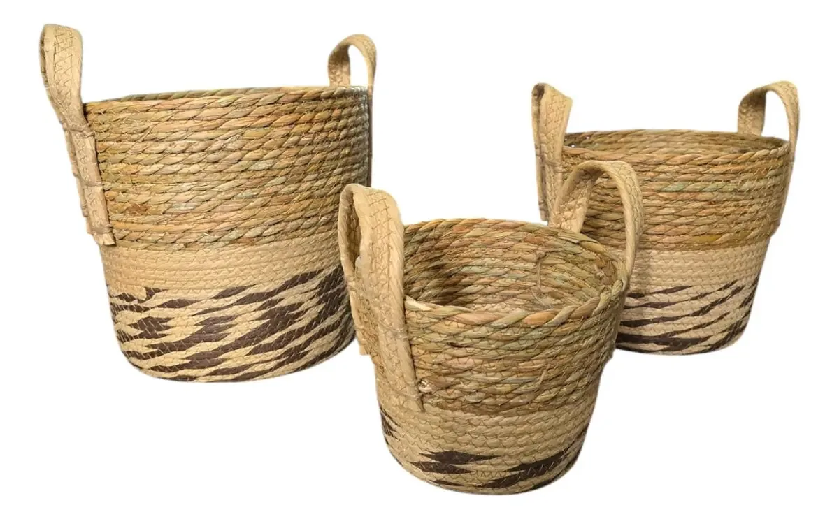 Conjunto de 3 cestas, vaso de flores de fibras de vime de ervas marinhas do Vietnã