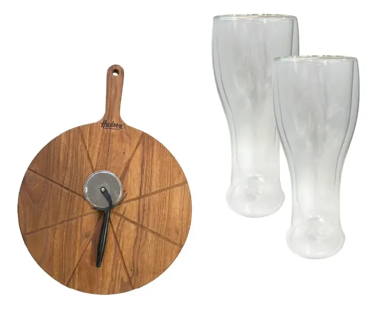 Conjunto de tábuas de pizza marrom e copos de cerveja BNY_Tablita2