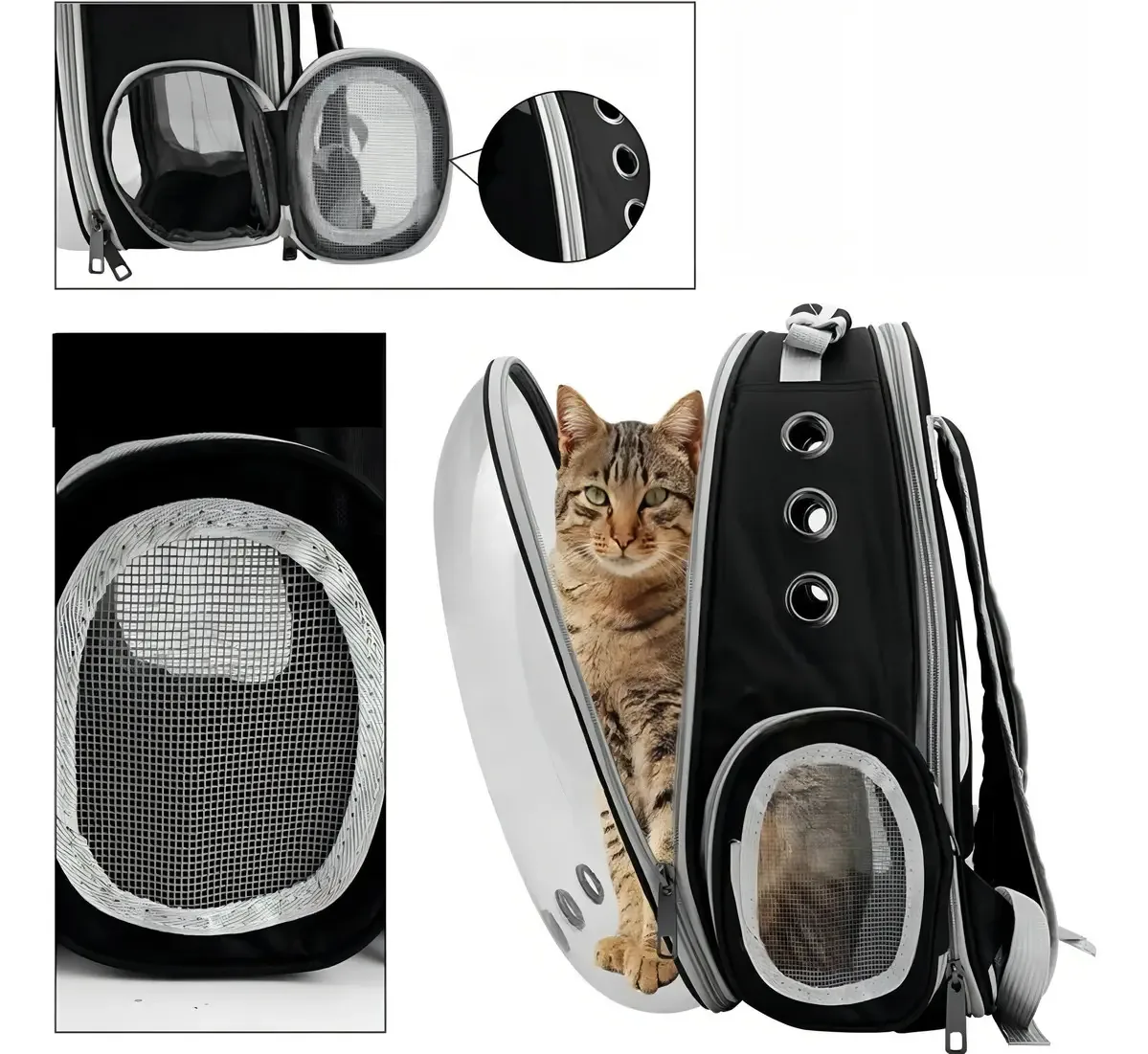 Mochila Astronauta Cachorro E Gato Visão Panorâmica Preto