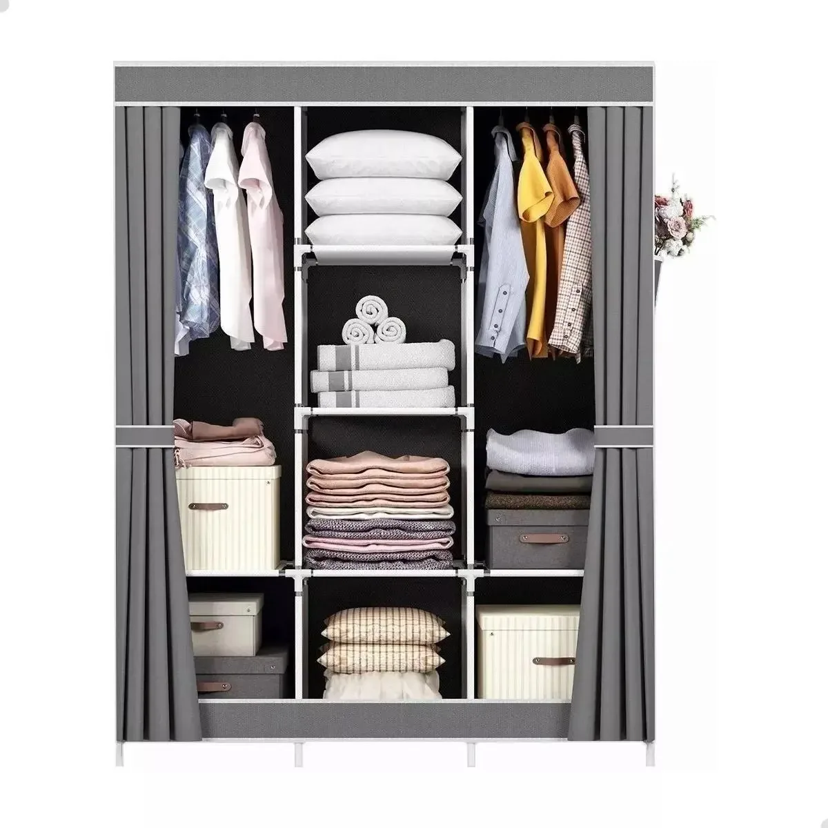 Guarda-roupa Dobrável Cinza M C/ 8 Prateleiras E Cabide