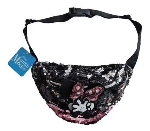 Bolsa de cintura Minnie Mouse com lantejoulas para meninas, cor Lanús, design de tecido preto, lantejoulas reversíveis