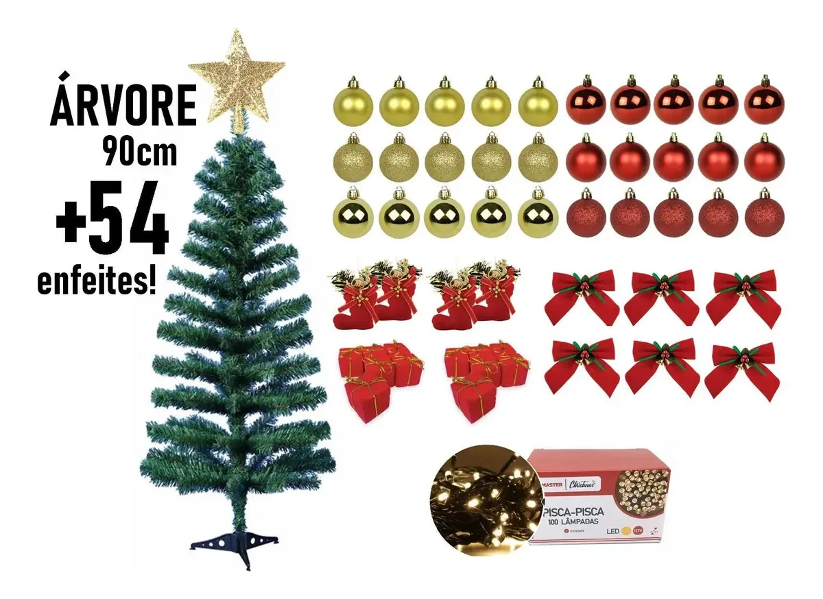 Árvore Natal Canadense 90cm Decorada +54 Enfeites