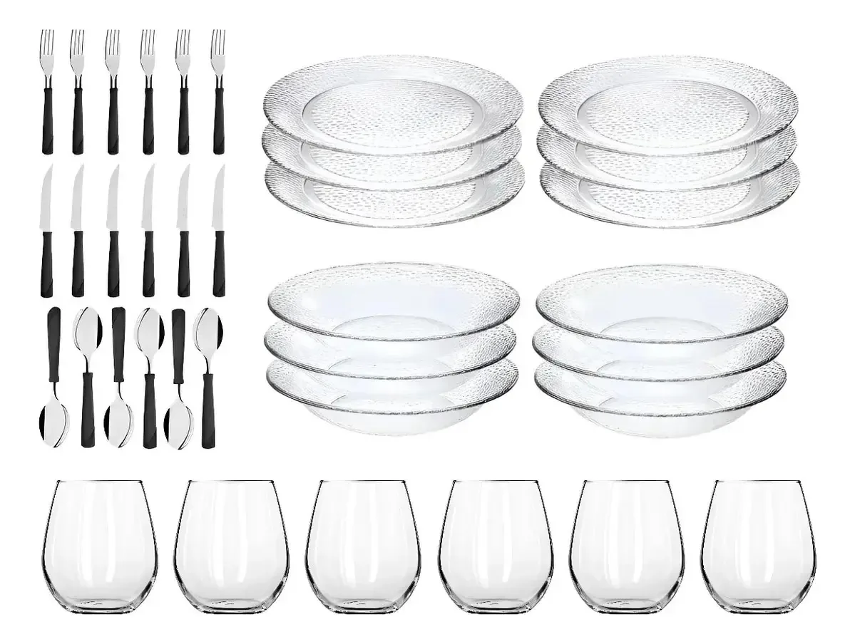 Conjunto completo de utensílios de mesa, copos, pratos e talheres, Rigolleau Tramontina, 36 unidades
