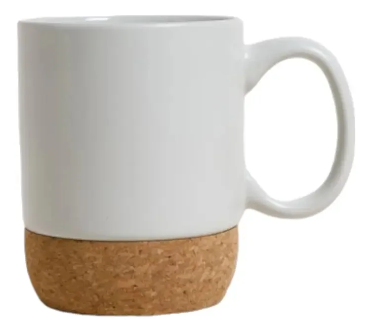 Caneca com base de cortiça, rede de 400 ml, cor branca, cerâmica e cortiça