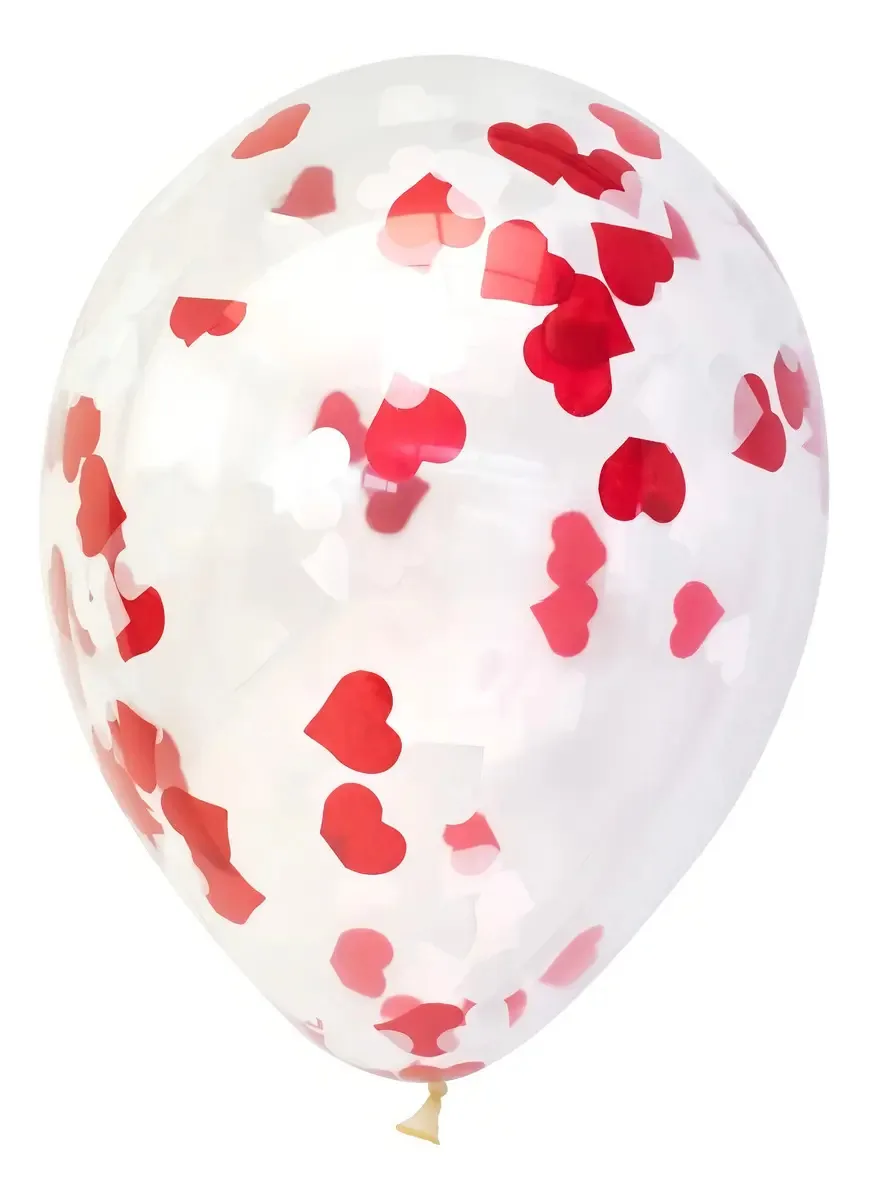 Balão redondo branco e vermelho com coração de confete, cor transparente com coração de confete