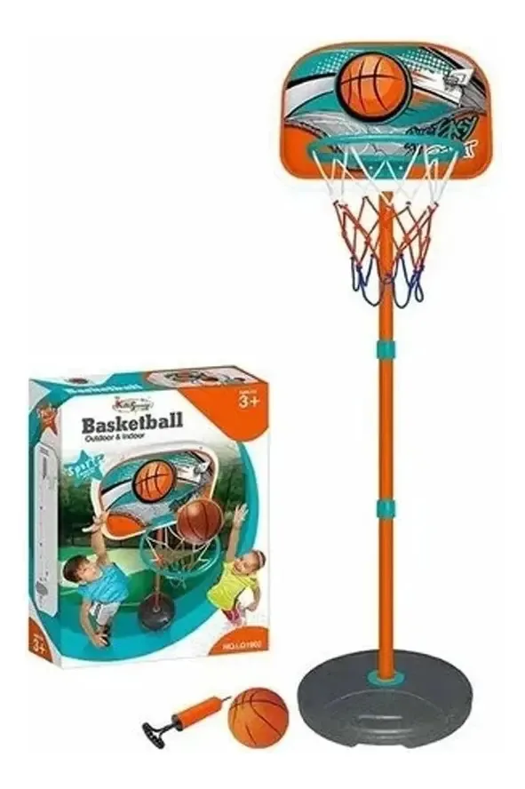 Cesta de basquete com pé de metal e bola