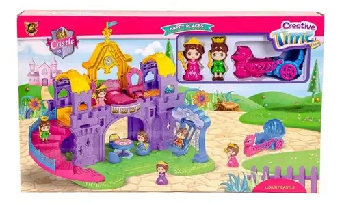 Castelo real de luxo com bonecas e acessórios rosa