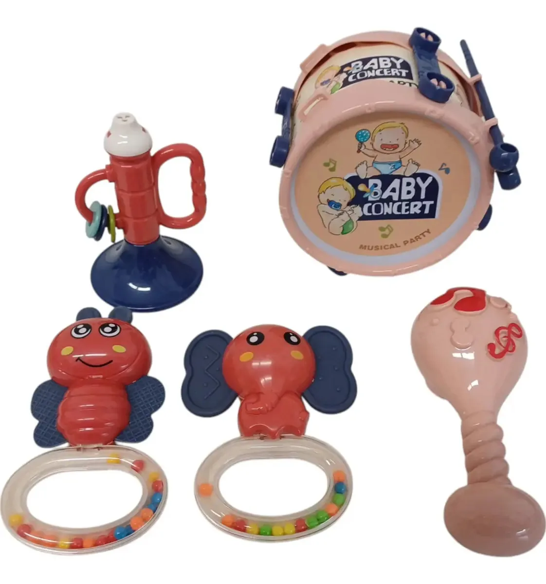 Conjunto de chocalhos e instrumentos musicais El Duende, cor azul, rosa, design de tambor