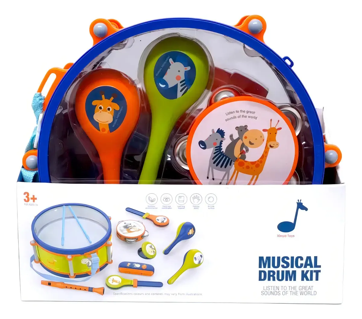 Conjunto de bateria multicolorido com instrumentos musicais de brinquedo