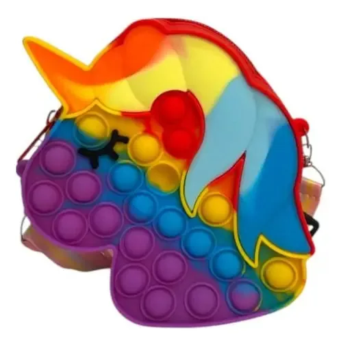 Bolsa de silicone Pop It Unicorn com alça multicolorida