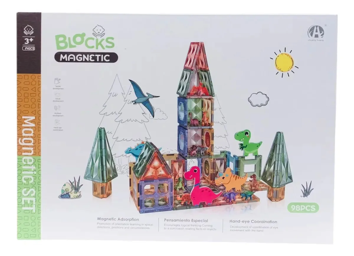 Blocos de construção magnéticos Vitro com dinossauros, 98 unidades, versão de personagens, blocos magnéticos