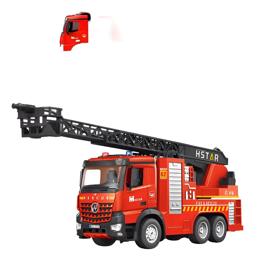 Caminhão de bombeiros para o resgate O caminhão de bombeiros de controle de rádio lança personagem de bombeiro de cor vermelha