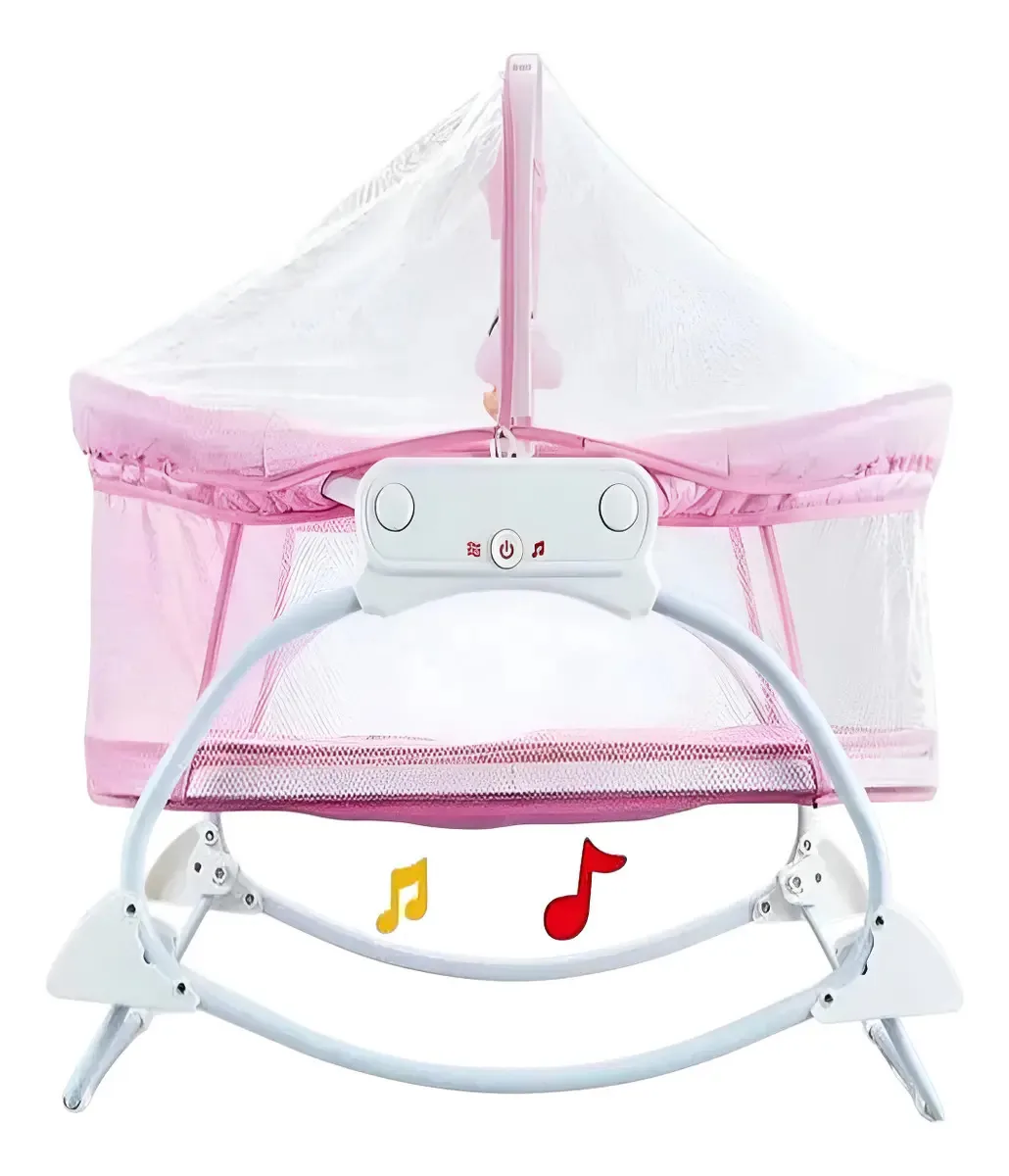 Cadeira de balanço Cuna Moises Rosa com música vibratória e design sólido de mosquiteiro