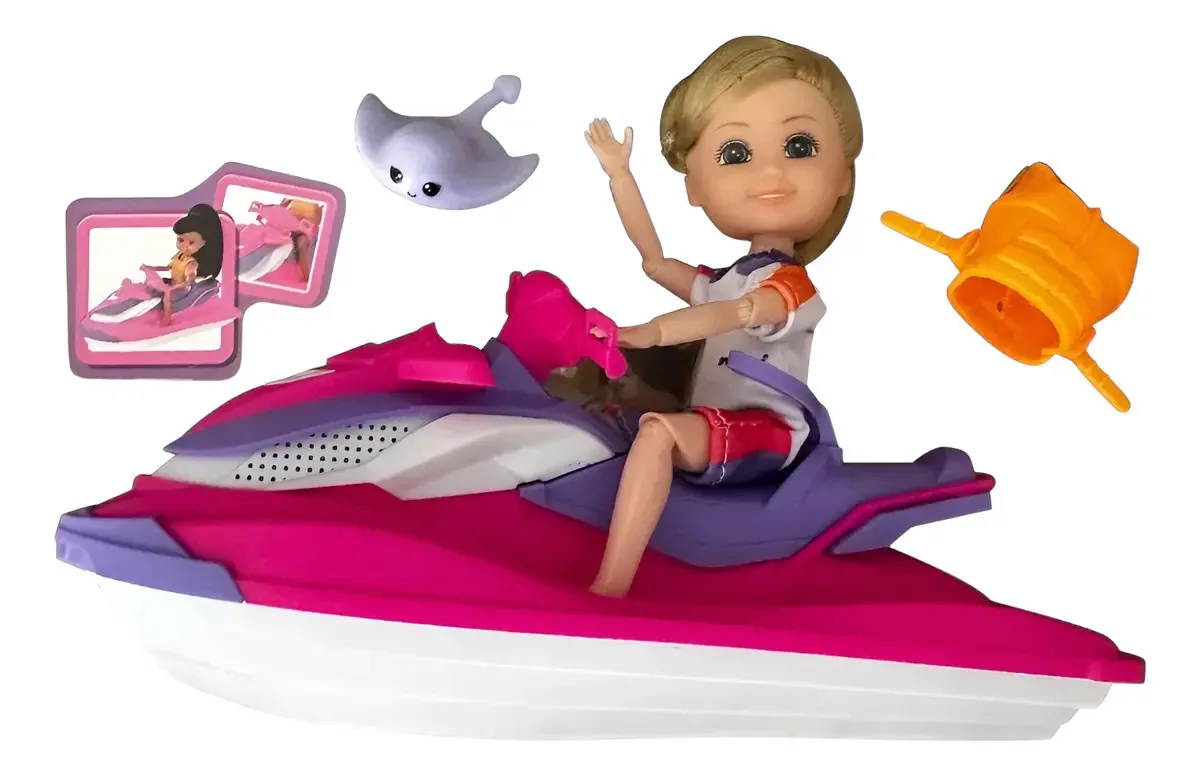 Mini boneca com jet ski + acessórios