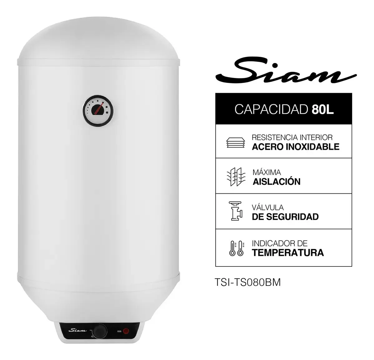 Tanque elétrico de água quente Siam 80 litros 1800 W, conexão de água inferior, temperatura ajustável