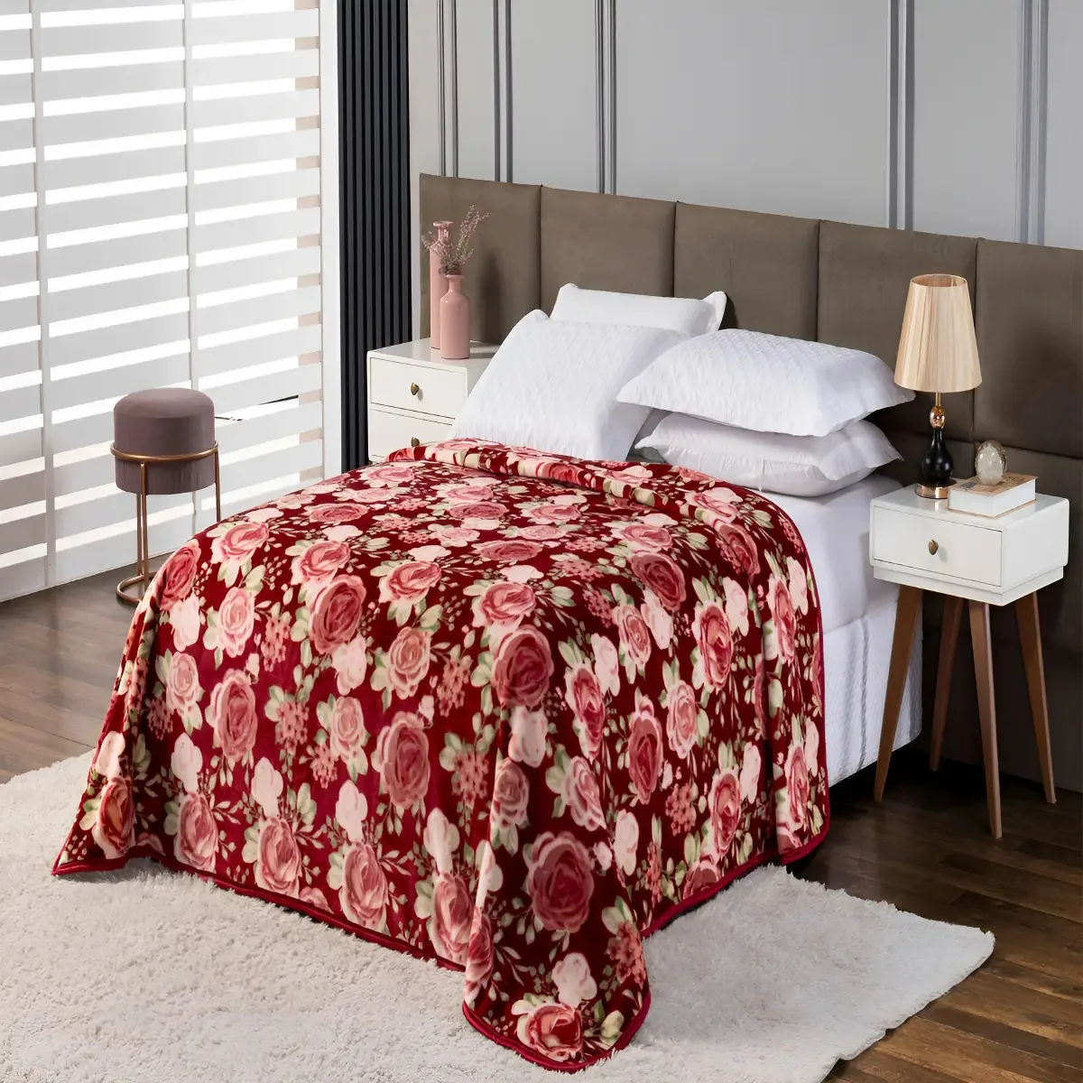 Cobertor Solteiro Etruria Rosas Vinho 150x220cm 100% Poliéster