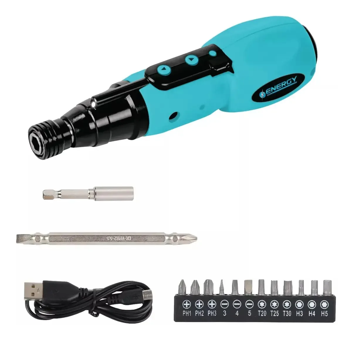 Chave de fenda recarregável USB com pontas e acessórios Energy Color Cyan