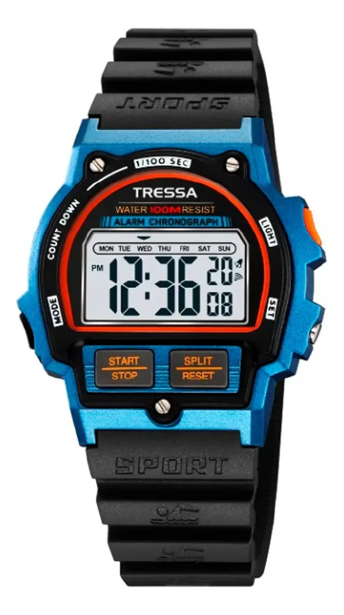 Relógio de pulso digital Tressa BUGGY JUNIOR com pulseira de borracha preta - fundo cinza - moldura azul