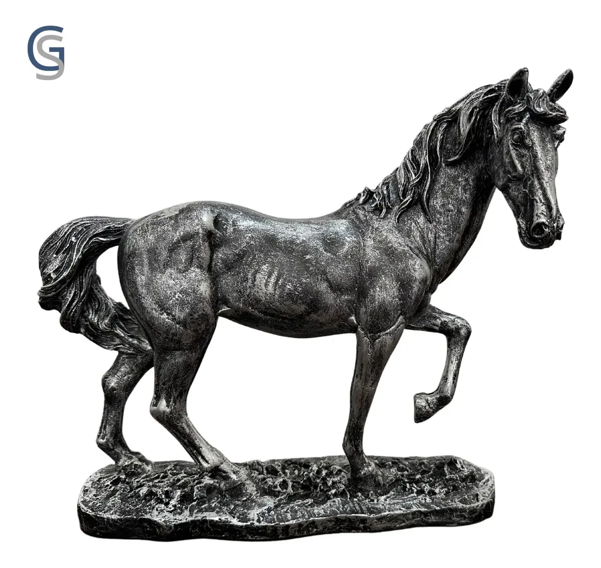 Estatueta de Cavalo Troféu em Resina Prata, 27 cm – Grupo Stillo Decor&Home