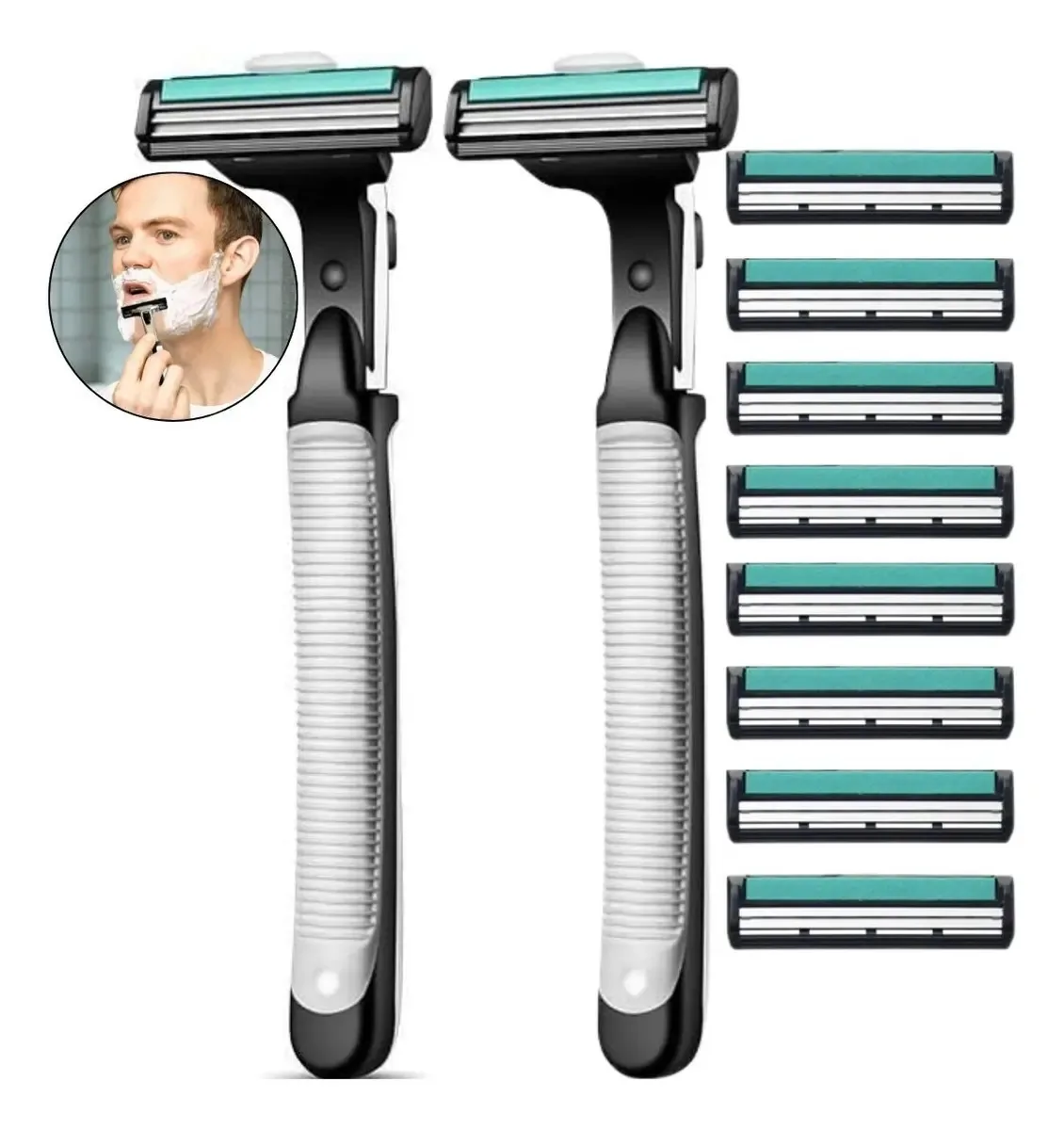 2 Pçs Aparelho De Barbear C/ 8 Cartuchos Refil Antialérgico