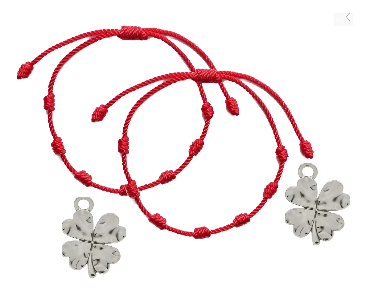 Kit de 2 Pulseiras Vermelhas 7 Nós Kabbalah com Trevo para Sorte e Proteção