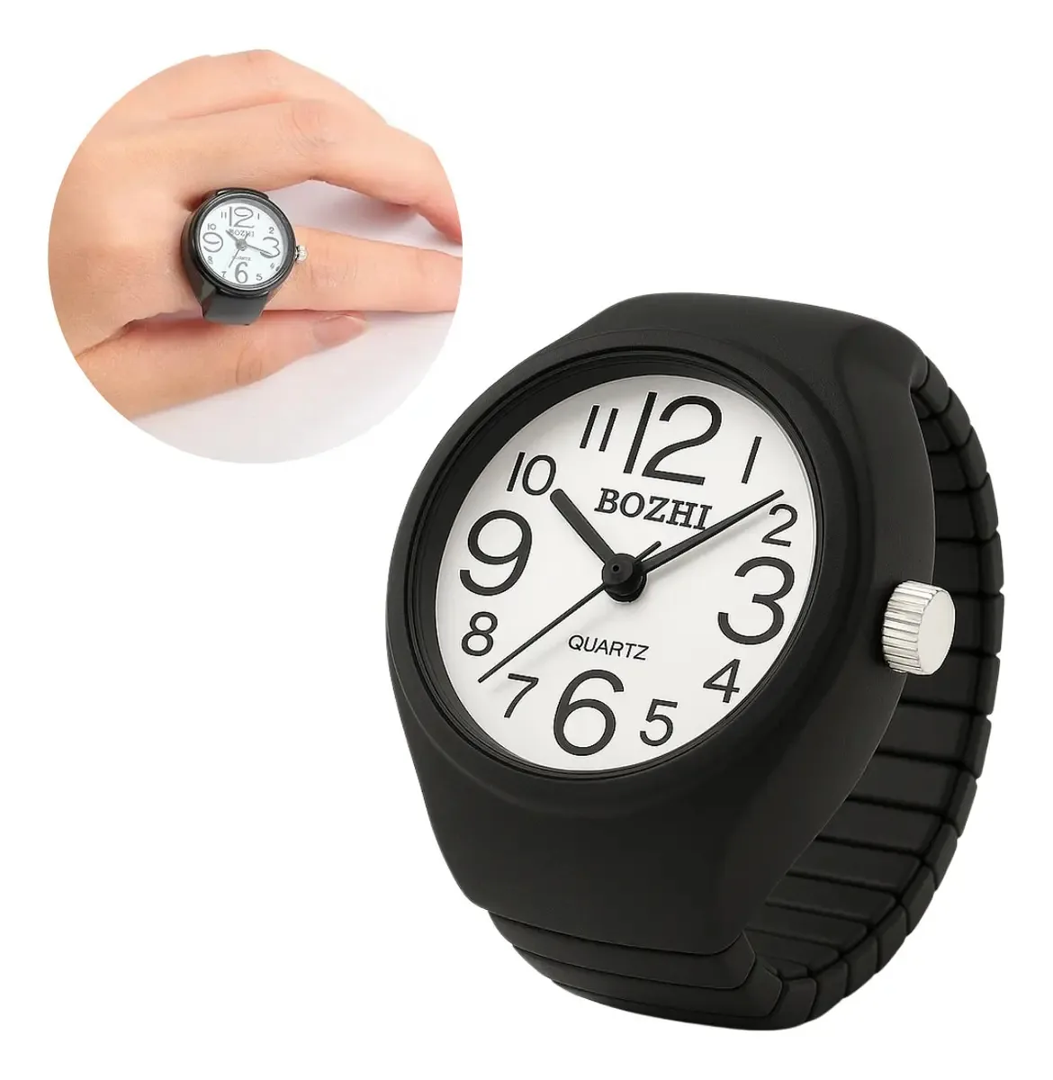 Anel Relogio Dedo Portatil Ajustavel Premium Moda Cores Cor Preto
