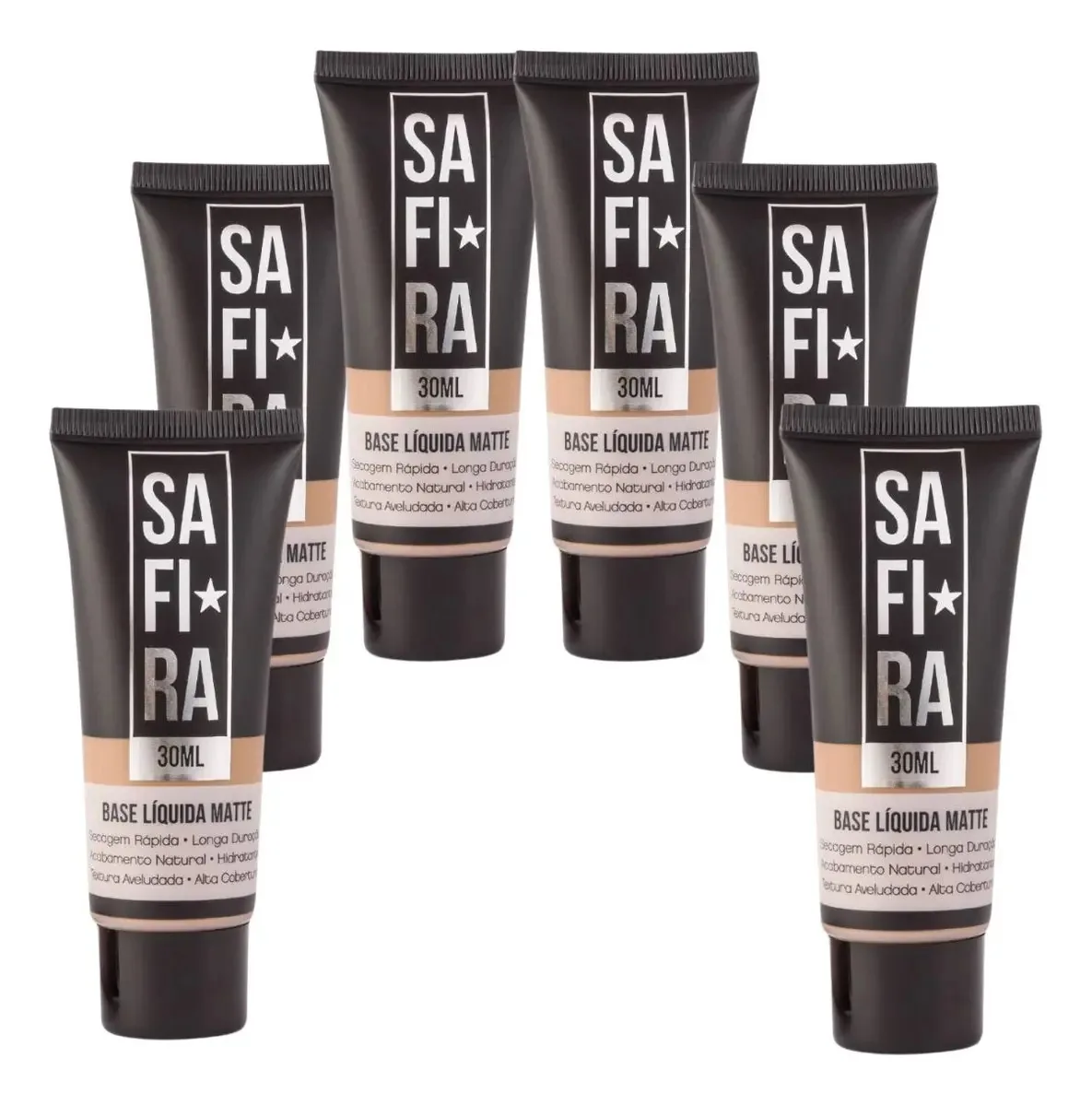 Kit 6 Bases Líquida Matte Nº 02 Alta Cobertura 30ml Safira Tom N02