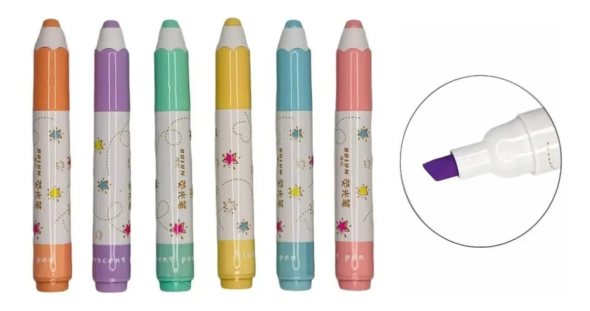 1 Kit Mini Marca Texto Modelo Lápis Tons Pastéis 6 Cores