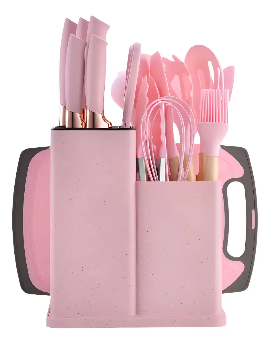 Kit 19 Utensílios de Cozinha Rosa para Panelas Antiaderentes com Facas e Porta-Utensílios da Ponte Lar