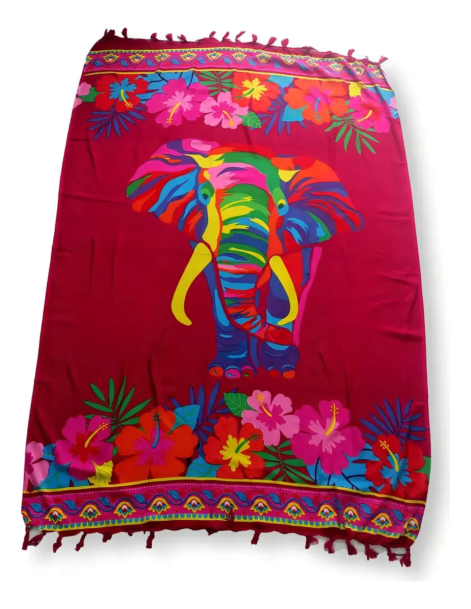 Canga De Praia Viscose Estampa Elefante Floral Cor Vermelho Tamanho U