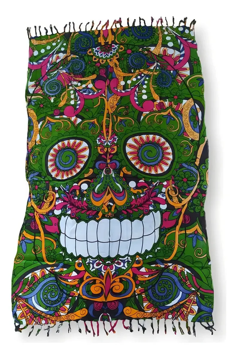 Canga De Praia Em Viscose Caveira Mexicana Verde Tamanho U