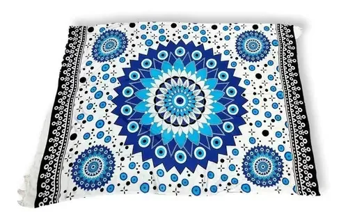 Canga De Praia Viscose Estampa Mandala Estrela Cor Branco Tamanho U
