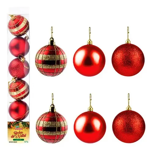 Kit 12 Bolas de Natal Vermelha e Dourada Glitter Enfeite Árvore Premium