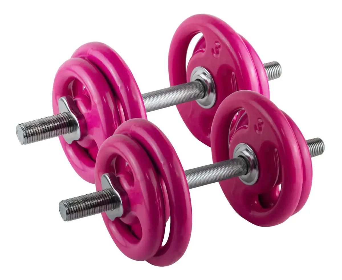 2 Halteres Rosca 35cm E Anilhas Rosa 4x3kg E 4x2kg Treino