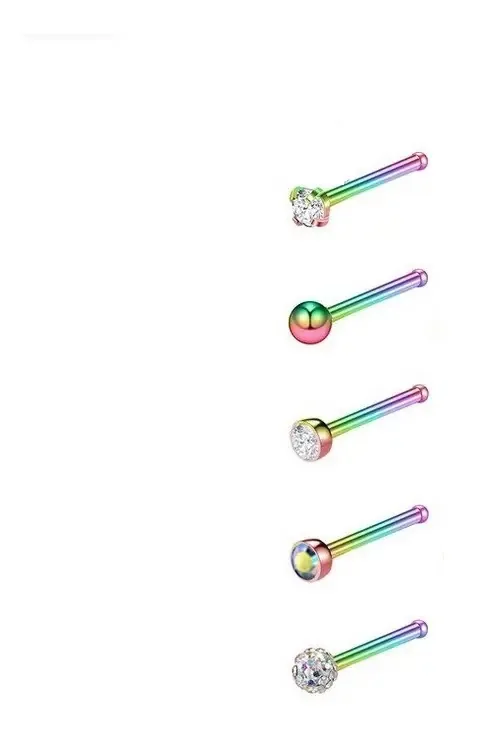 Conjunto de 5 piercings cirúrgicos no nariz em aço, zircônia, narina punk multicolorida