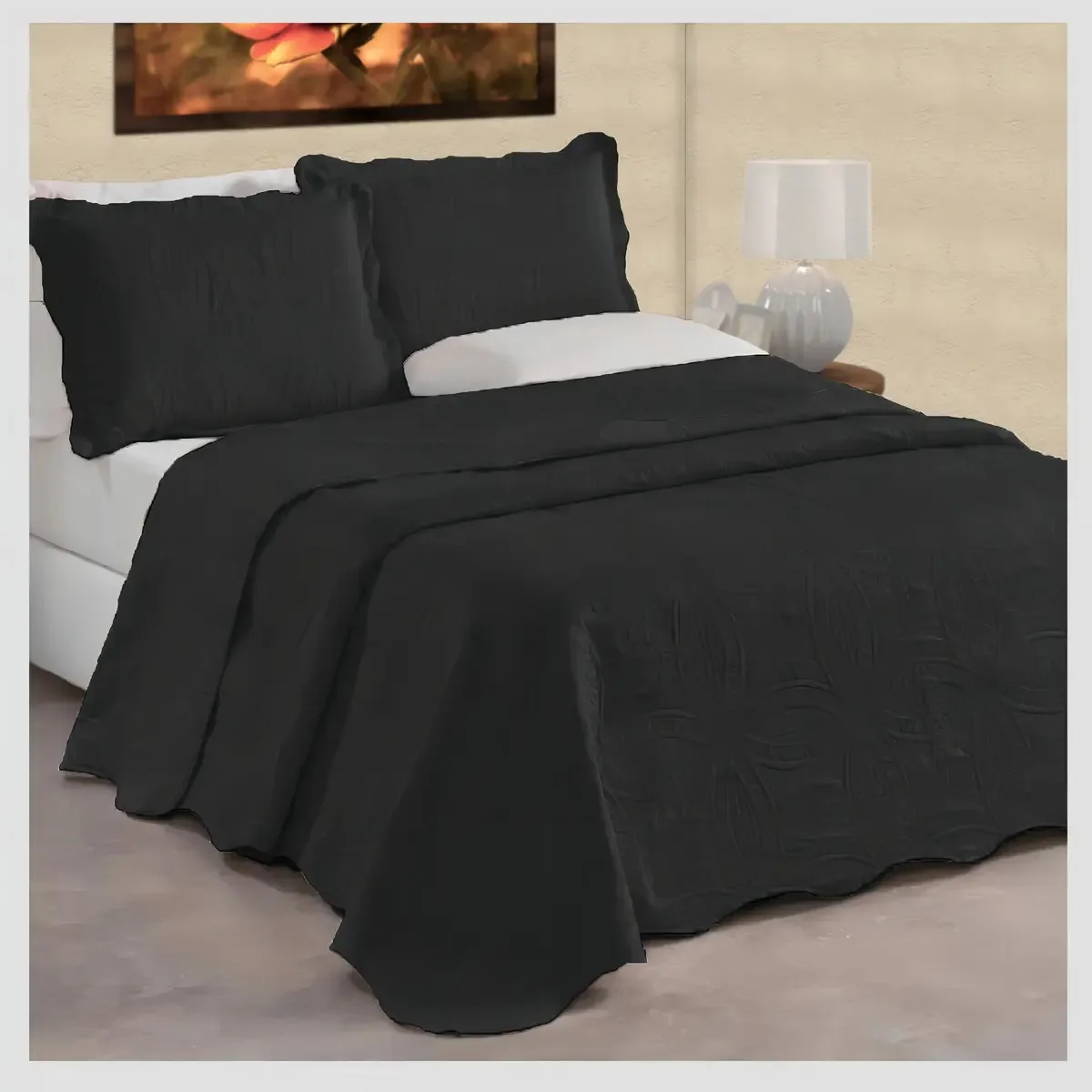 Jogo Cama 3pçs Petala Casal Queen Dupla Face Preto Casen