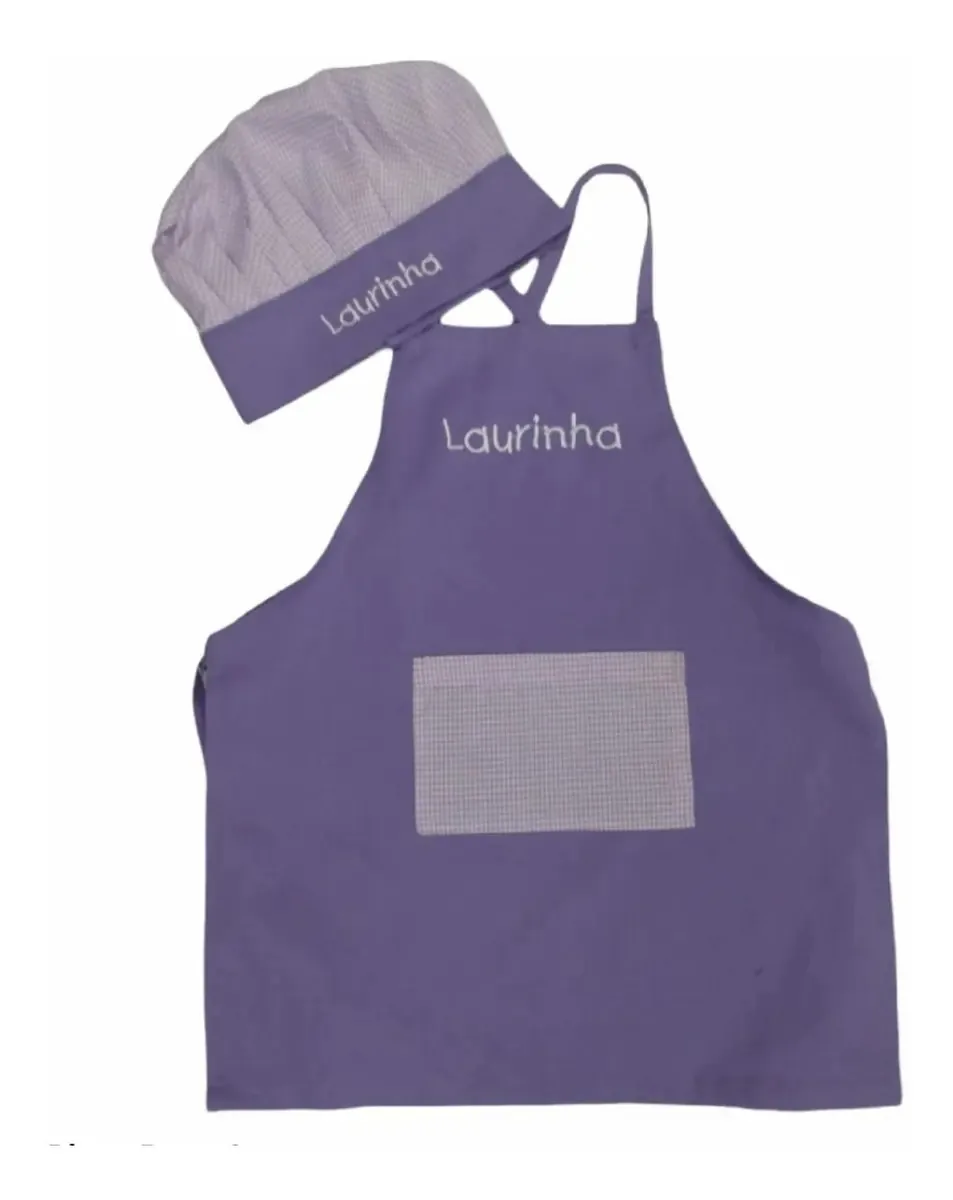 Kit Avental Chapéu Infantil Chef Gourmet Gastronomia Master Cor Lilás C/ Xadrez Desenho Do Tecido 3 A 7 Anos