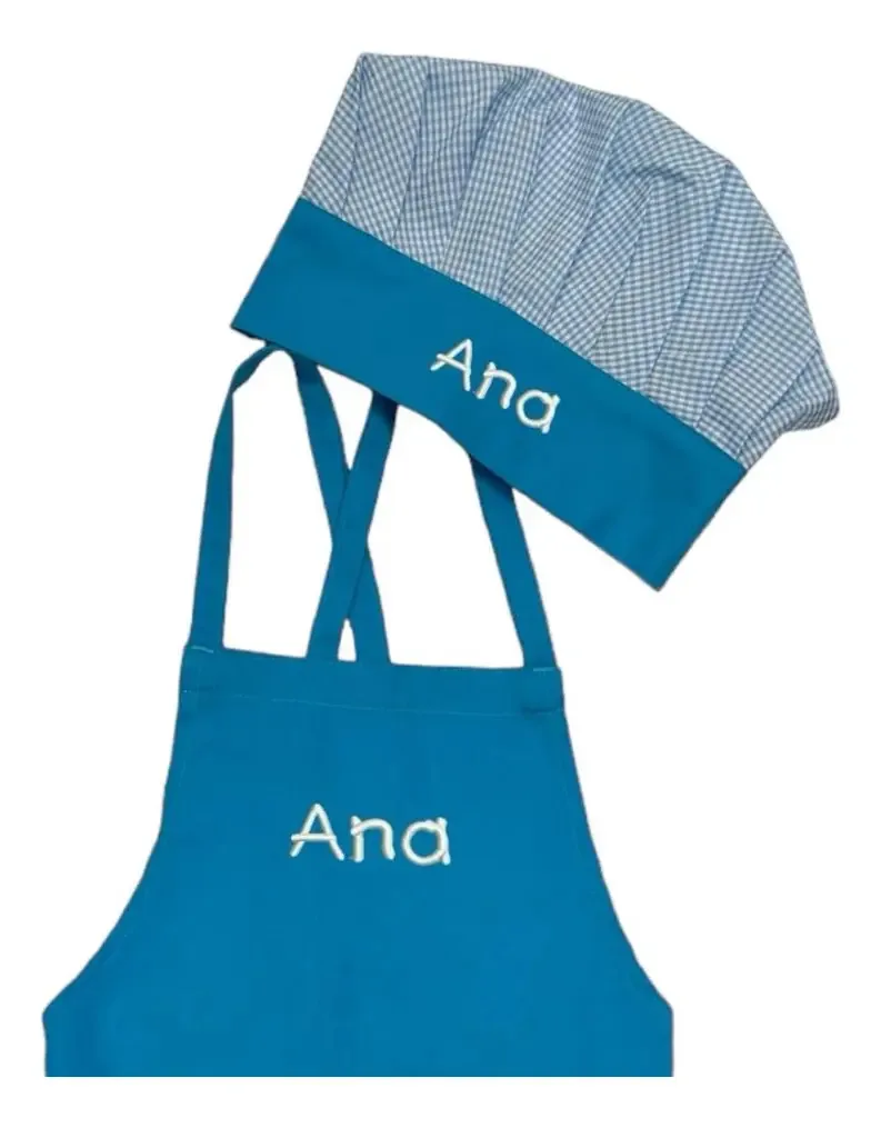 Kit Avental Chapéu Infantil Chef Gourmet Gastronomia Master Cor Azul-turquesa Desenho Do Tecido 3 A 7