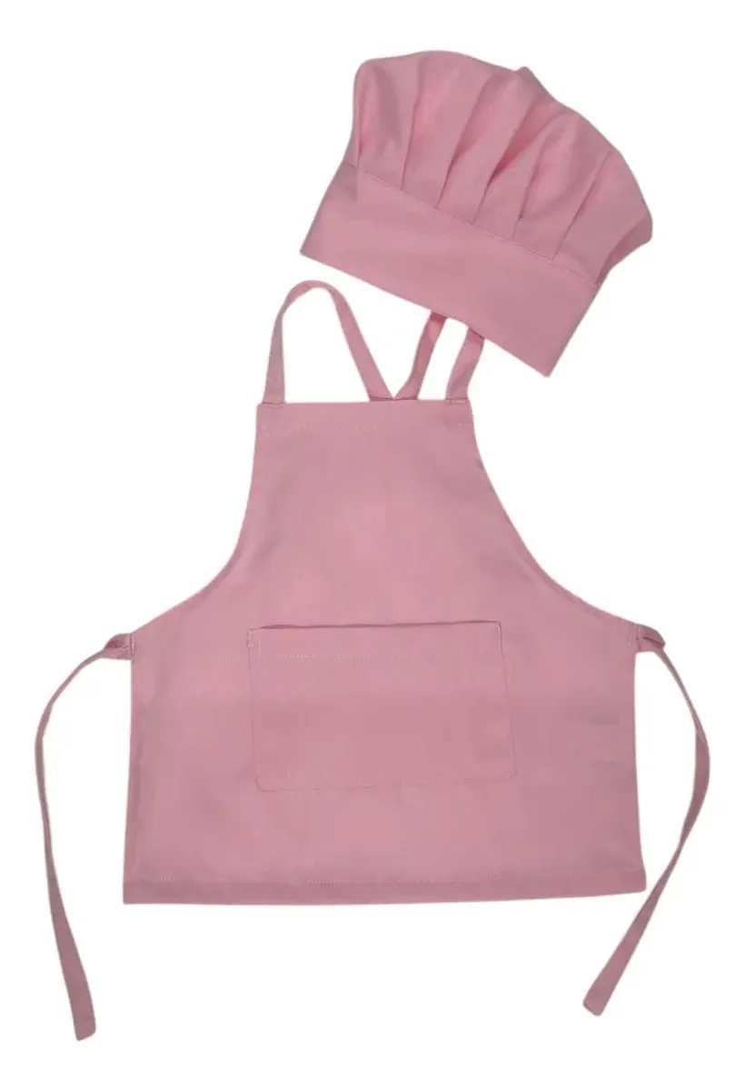 Kit Avental Chapéu Infantil Chef Gourmet Gastronomia Master Cor Rosa-claro Desenho Do Tecido 3 A 7